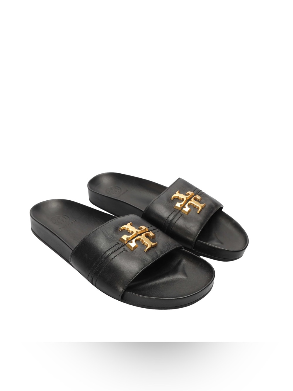 Tory Burch Everly Anatomic Cloud Black Leather Logo Slide Sandals Size 7.5